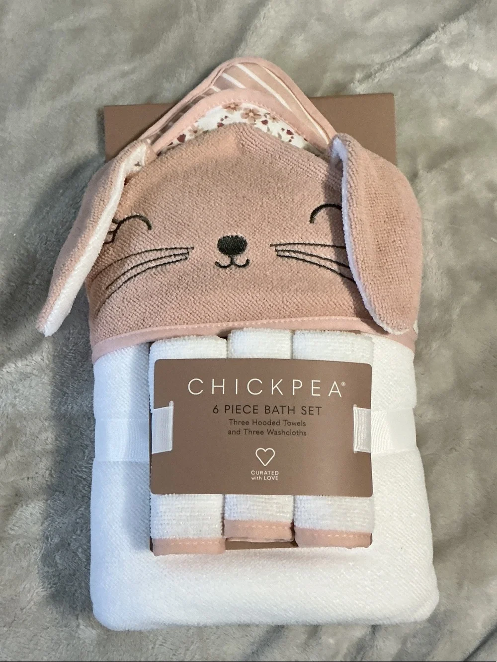 chick pea Blush Pink & White Baby Hooded Towel Set with Bunny Motif